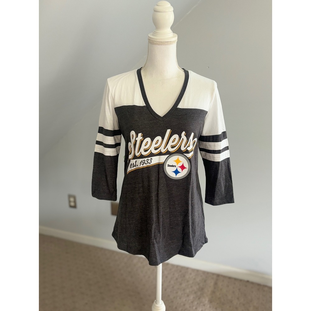 NFL Steelers Football T-Shirt V-Neck 3/4 Sleeve Gray White Womens Size S‎